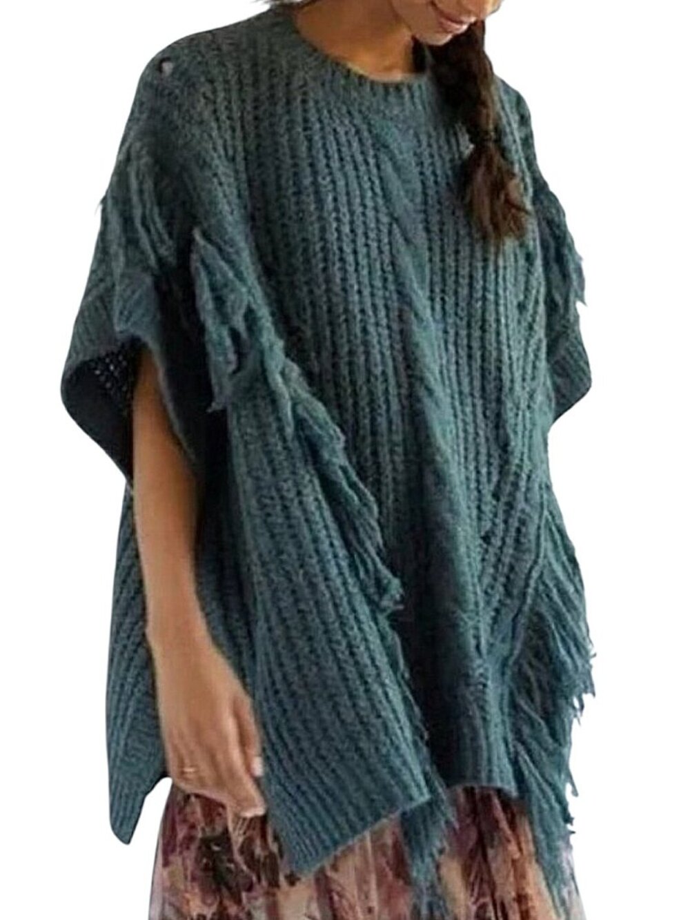Anthropologie Fringe Cable Knit Poncho Sweater Marled Teal Oversized Boho - OS